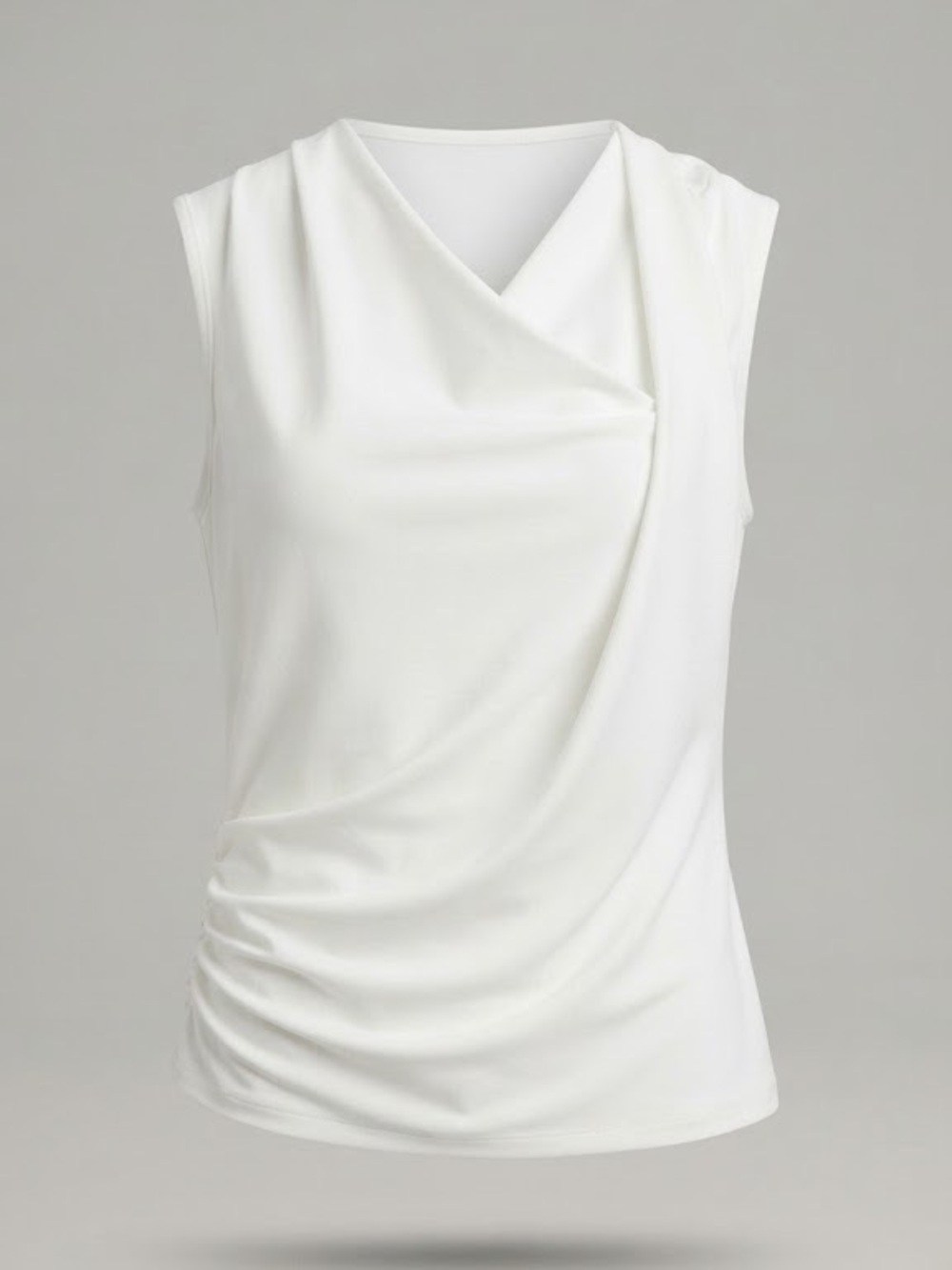 Chic White Sleeveless Top with Soft Draped Neckline & Gathering